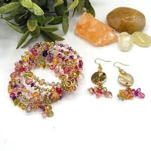 Citrine Pink Glass Stone Beads Memory Wire Bracelet and Earrings Set
